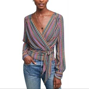 Striped Faux Wrap Puff Sleeve Blouse Top Sandy & Sid NY (Sz Medium)